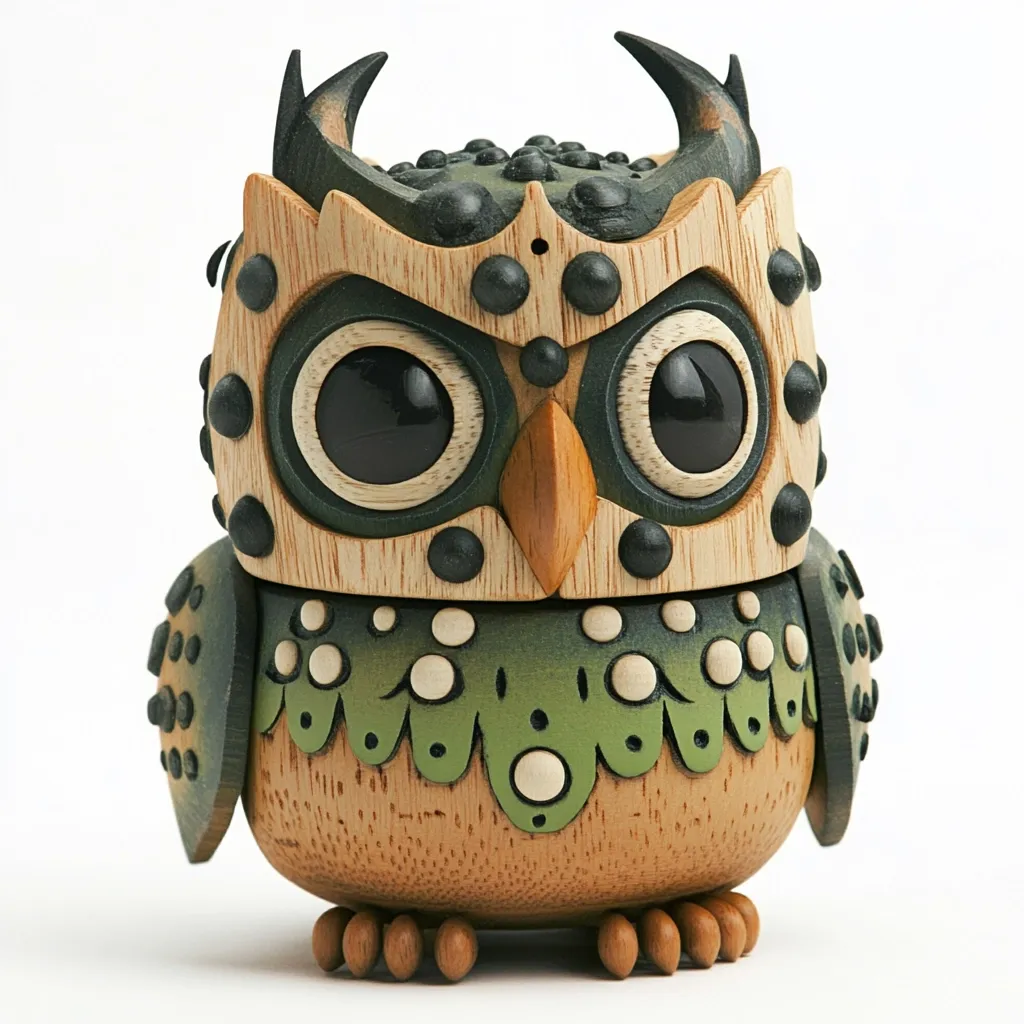 A charming handcrafted wooden owl figurine is showcased against a stark white backdrop.  The owl's design is intricate, featuring a segmented body with green and beige accents.  Black dots and subtle carvings adorn its face and body, adding depth to its whimsical appeal.  The owl's large eyes and small beak give it a friendly and expressive countenance.  The detailed craftsmanship is evident in every aspect of this delightful piece.