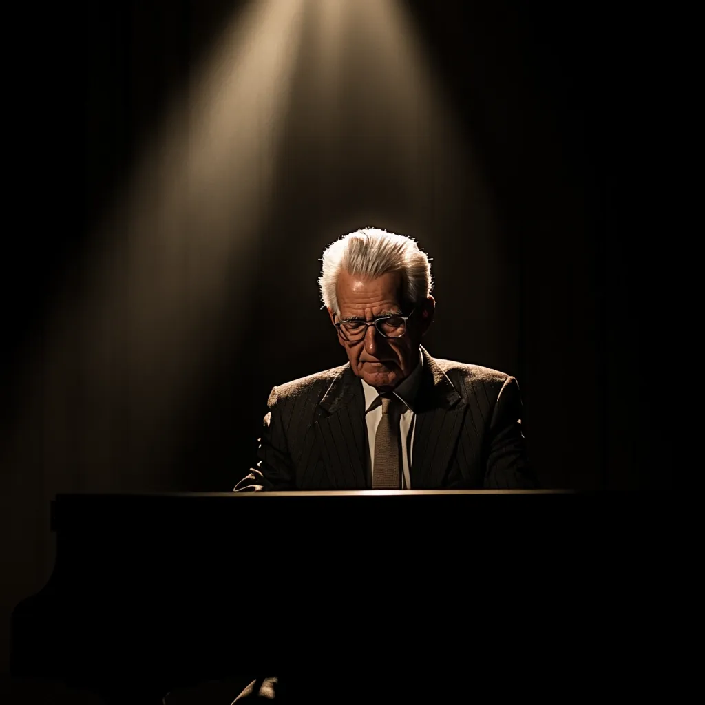 An elderly man with white hair and glasses sits at a grand piano, bathed in a single spotlight.  He's dressed in a dark suit and tie, his gaze directed downwards. The dark background emphasizes the man and the instrument, creating a dramatic and contemplative mood. The image suggests a moment of quiet reflection or intense concentration.