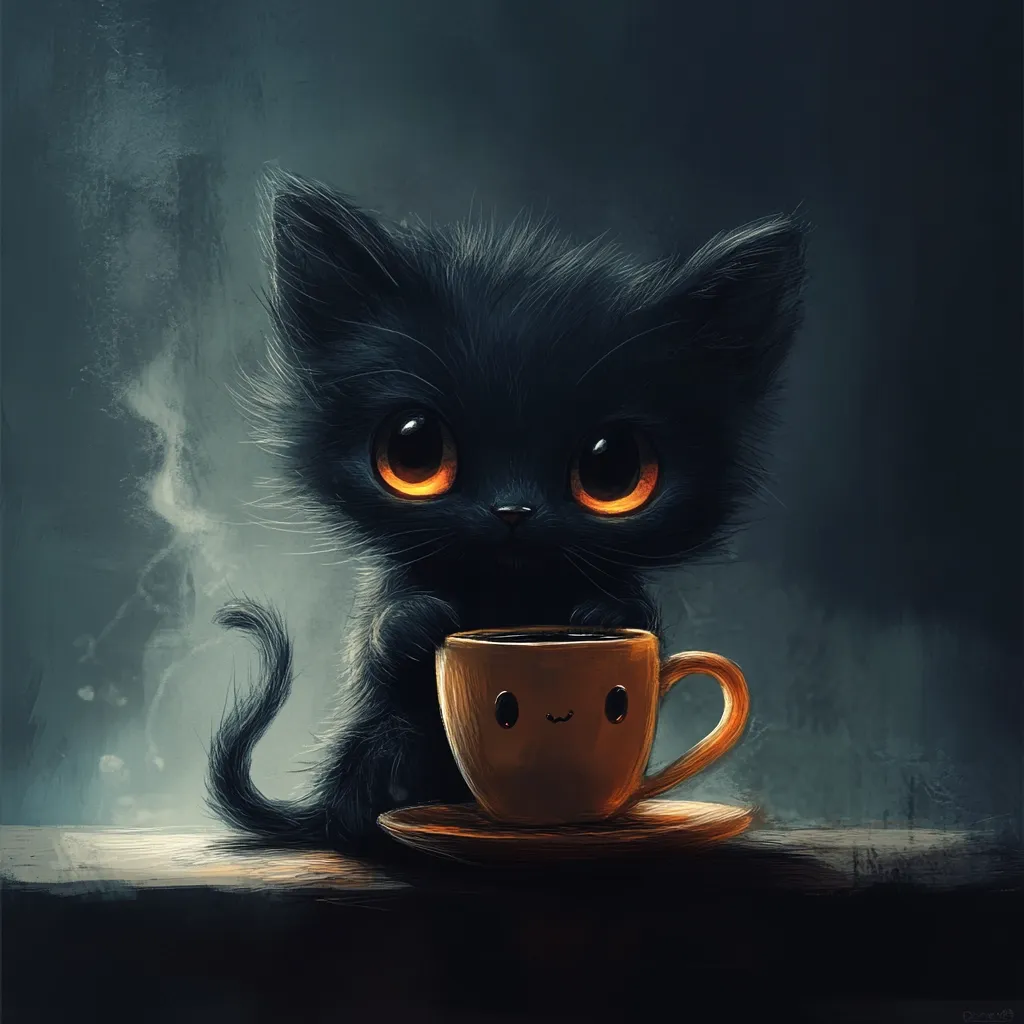A digital painting shows an adorable black kitten with large, expressive orange eyes.  The kitten is holding a small, cute orange mug, seemingly filled with a warm beverage. Steam subtly rises from the mug, adding to the cozy atmosphere. The background is dark and moody, emphasizing the kitten and its drink. The overall style is whimsical and cute.