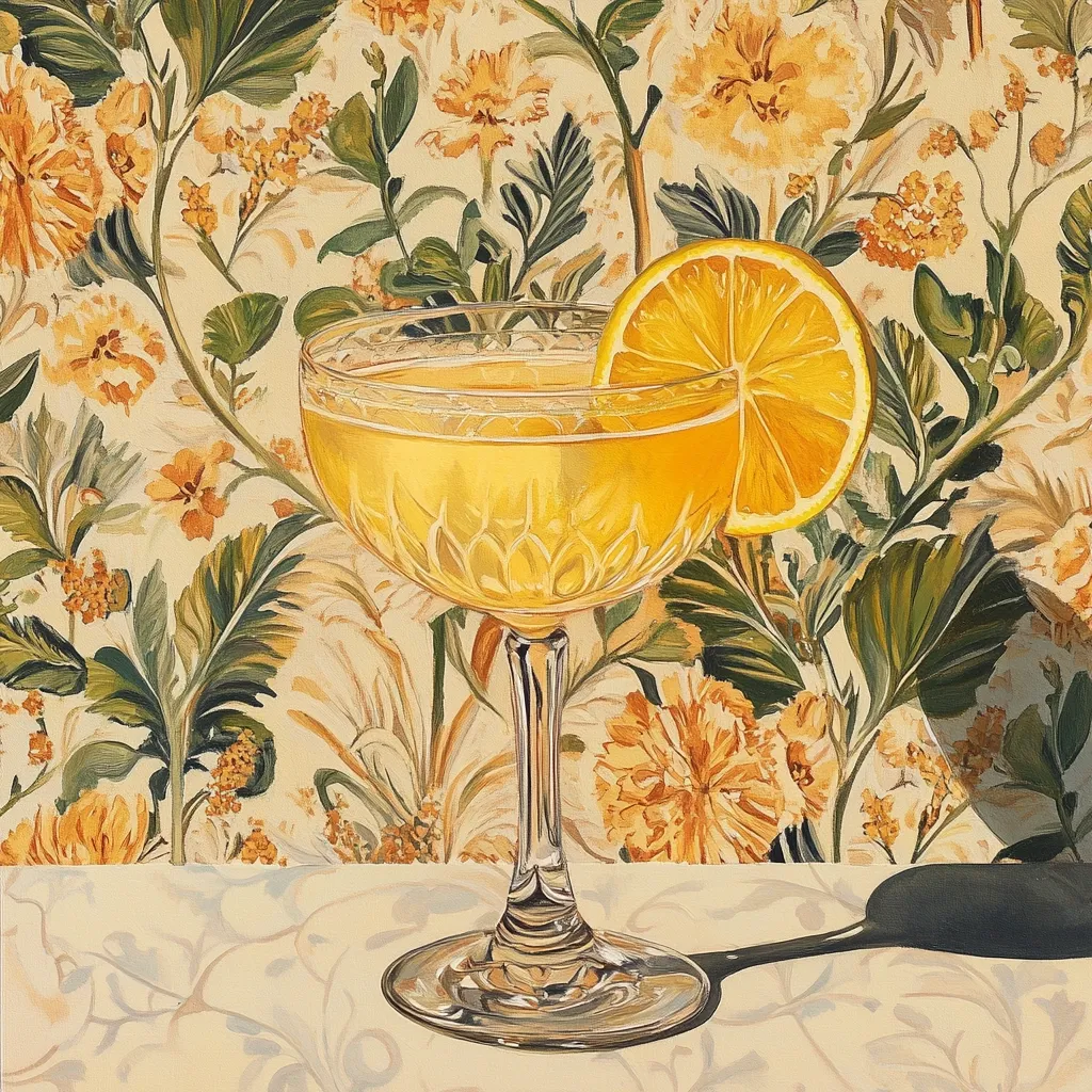 A meticulously detailed painting depicts a coupe glass brimming with a vibrant yellow cocktail.  A thick slice of orange rests elegantly on the rim. The glass sits on a creamy surface against a backdrop of a lush, yellow floral wallpaper, creating a striking contrast of textures and colors. The artwork's style is realistic, with a focus on light and shadow, emphasizing the drink's inviting appeal.