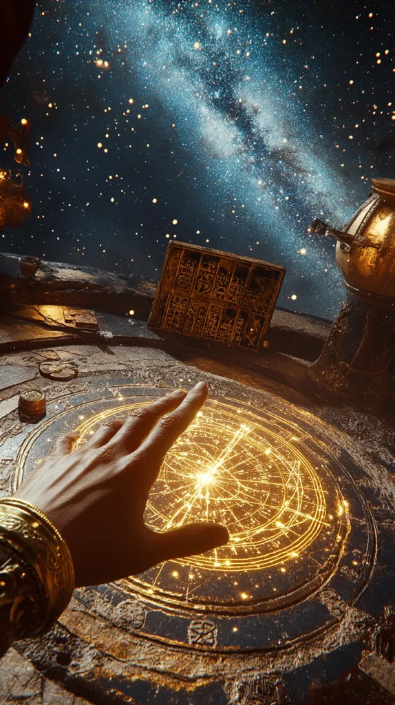 A hand adorned with a gold bracelet hovers over an ornate, glowing celestial map.  Ancient-looking artifacts and a celestial globe surround the map, set against a backdrop of a star-filled night sky, featuring a prominent Milky Way. The scene evokes a sense of mystical ritual or cosmic exploration, possibly within an ancient observatory or temple.  The golden light emanating from the map adds to the magical atmosphere.