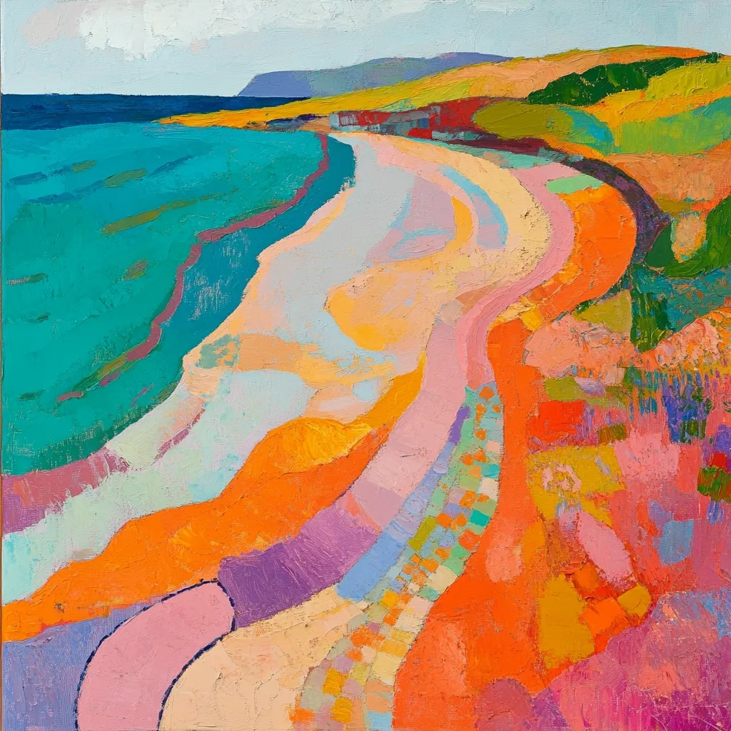 A vibrant abstract landscape painting depicts a curving coastline.  Turquoise water meets a sandy beach rendered in warm oranges, pinks, and yellows.  The land rises in textured hills of various colors, suggesting a sun-drenched scene.  The artist uses bold brushstrokes and a loose, expressive style to convey a sense of movement and light.  The overall effect is one of joyful energy and visual richness.