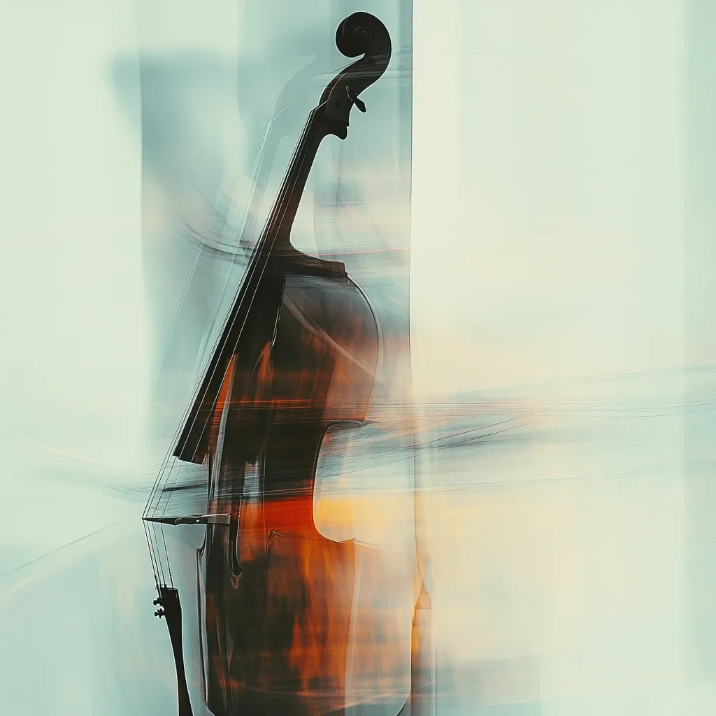 An abstract image of a double bass.  The instrument is partially obscured by streaks of color and motion blur, creating a dreamy, ethereal effect.  Warm orange and cool blues blend, suggesting a sunset or sunrise. The image evokes a sense of movement and musicality, capturing the essence of the instrument's sound rather than its physical form.