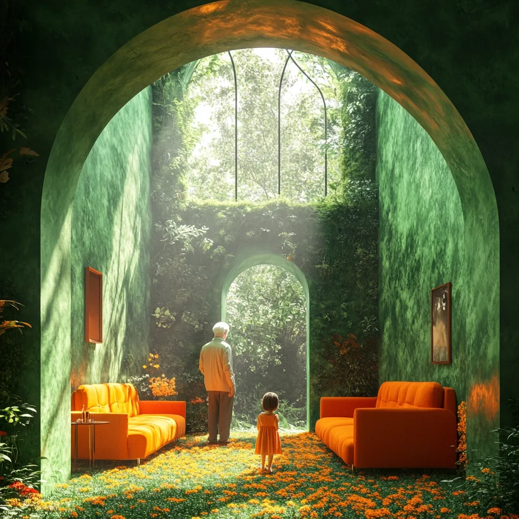 An elderly man and a young girl stand in a surreal, verdant room.  Orange couches sit on a floor covered in orange flowers, bathed in soft sunlight streaming through an arched window.  The walls are a deep green, overgrown with lush vegetation.  The scene evokes a sense of calm and peaceful introspection, a tranquil escape within a fantastical, overgrown interior.