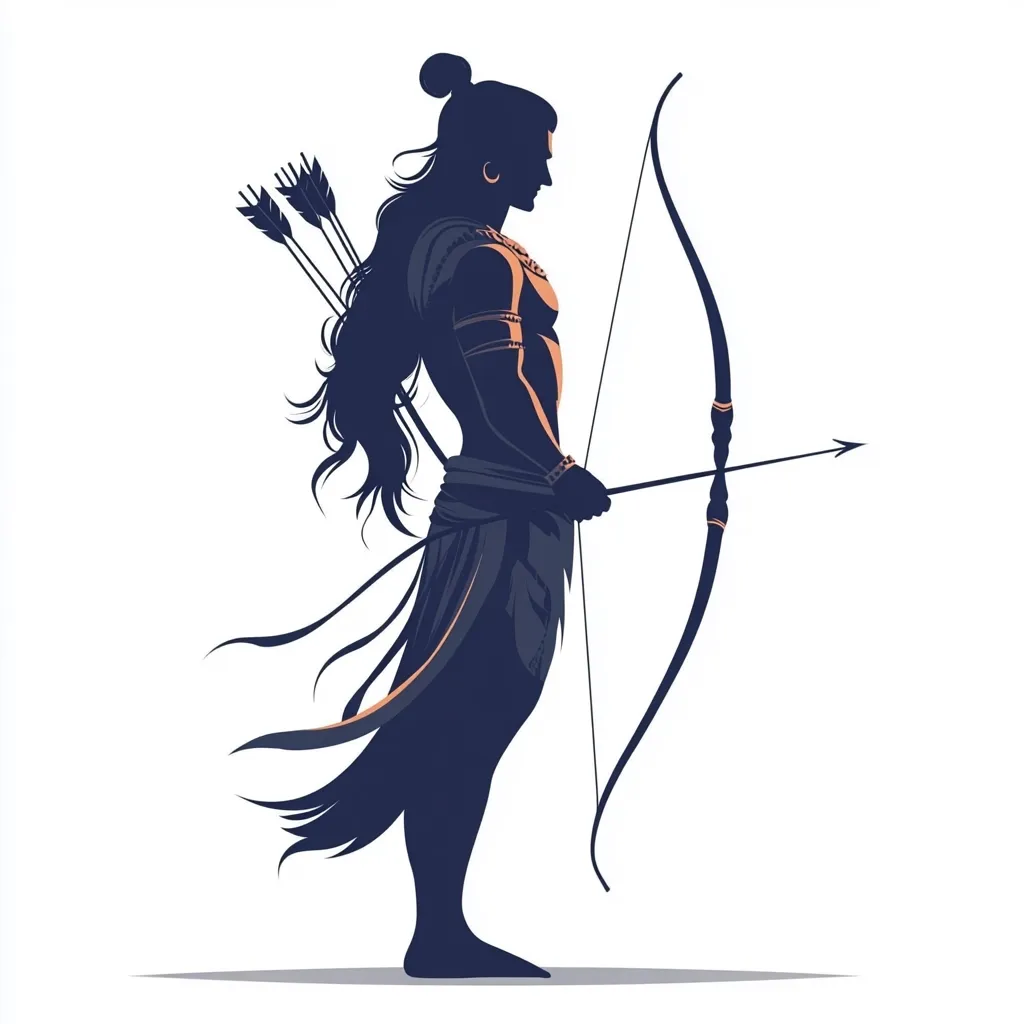 A stylized silhouette of Lord Rama, a Hindu deity, is depicted in profile. He stands poised with a large bow and arrow, his long hair flowing behind him.  The image is a strong, simple design emphasizing Rama's strength and devotion.  His attire is simple yet regal, suggesting his divine status. The color palette is muted, focusing on dark blues and a warm orange for the bow and arrow.