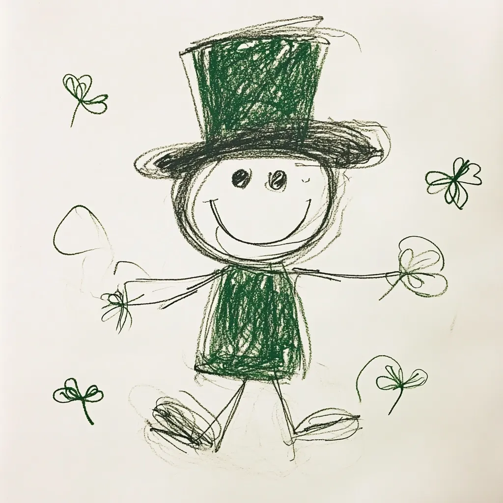 A child's crayon drawing depicts a smiling leprechaun.  The figure is simply drawn with a green top hat and dress, and is surrounded by small clover illustrations.  The style is characteristic of young children's art, with loose lines and childlike proportions. The leprechaun appears happy and playful.