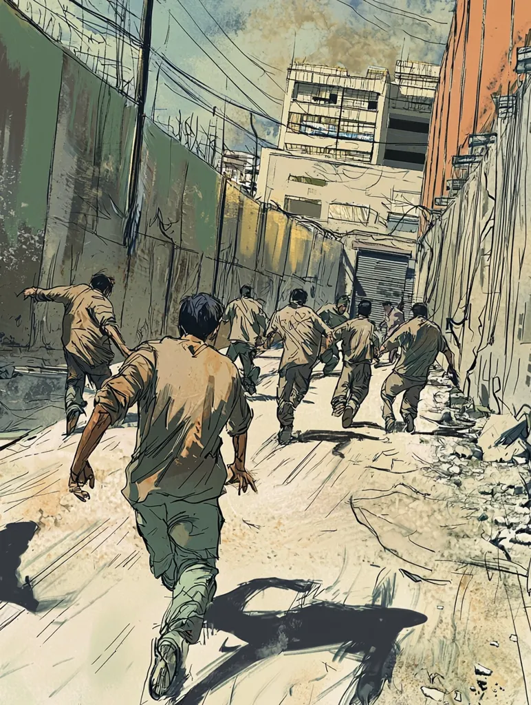 A group of people, predominantly men, flee down a narrow alleyway between tall buildings.  The setting appears urban and somewhat dilapidated, with graffiti and debris visible.  The individuals are running, suggesting a sense of urgency or escape. Their clothing is simple and muted, enhancing the overall feeling of desperation. The style is reminiscent of a graphic novel or comic book.