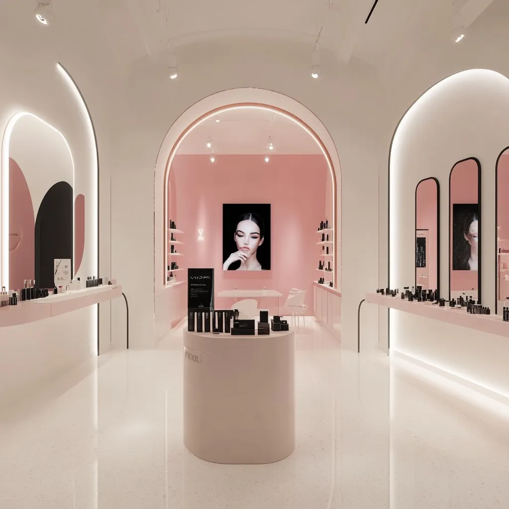 A minimalist beauty store boasts a chic, monochromatic design.  Soft pink walls and flooring contrast with sleek white display units and black product packaging.  Arched alcoves create an elegant atmosphere, enhanced by strategically placed mirrors and subtle lighting.  The central display showcases various cosmetics, creating a visually appealing and calming shopping experience.