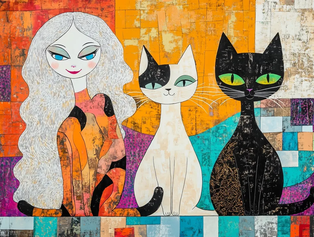 A vibrant, stylized painting features a woman with long, flowing white hair and a patterned orange dress seated alongside two cats. One cat is black with bright green eyes, the other is white with black markings and soft green eyes. The background is a textured collage of orange, teal, and purple geometric shapes, creating a bold and playful composition.  The style is reminiscent of mid-century modern art with a whimsical twist.