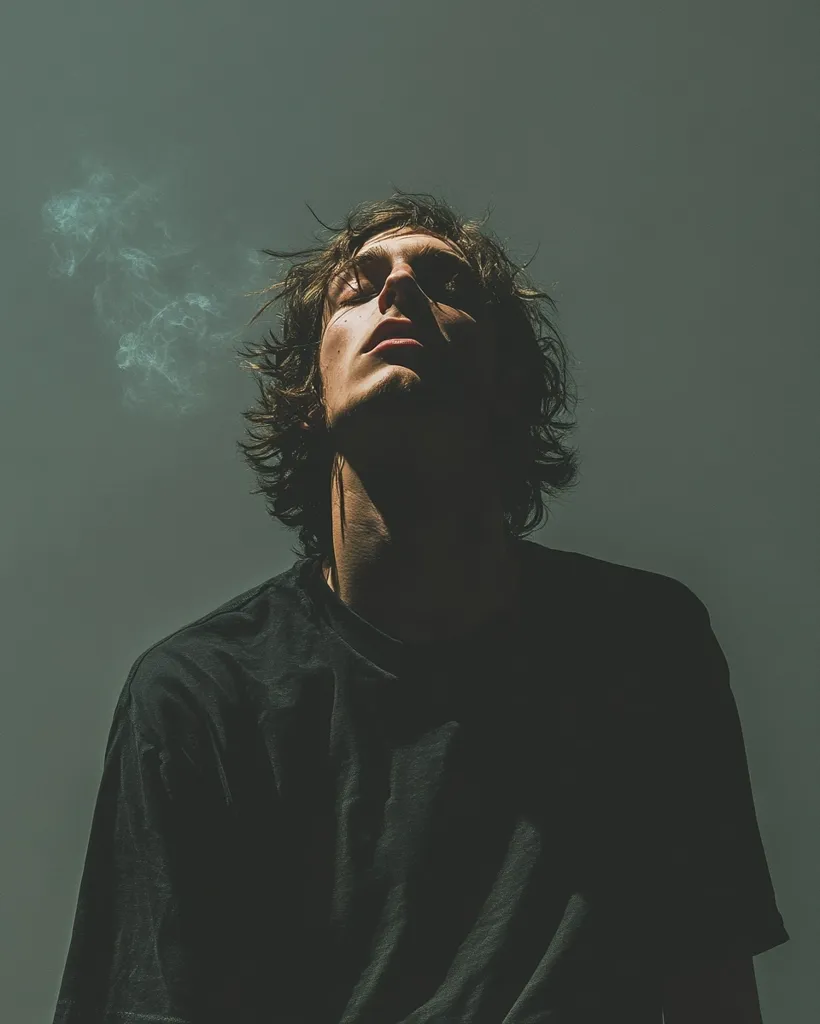 A young man with dark hair, wearing a black t-shirt, tilts his head back, eyes closed.  His face is partially shadowed, creating a dramatic contrast against the muted background.  A wisp of light teal smoke is visible near his head. The overall mood is contemplative and atmospheric.