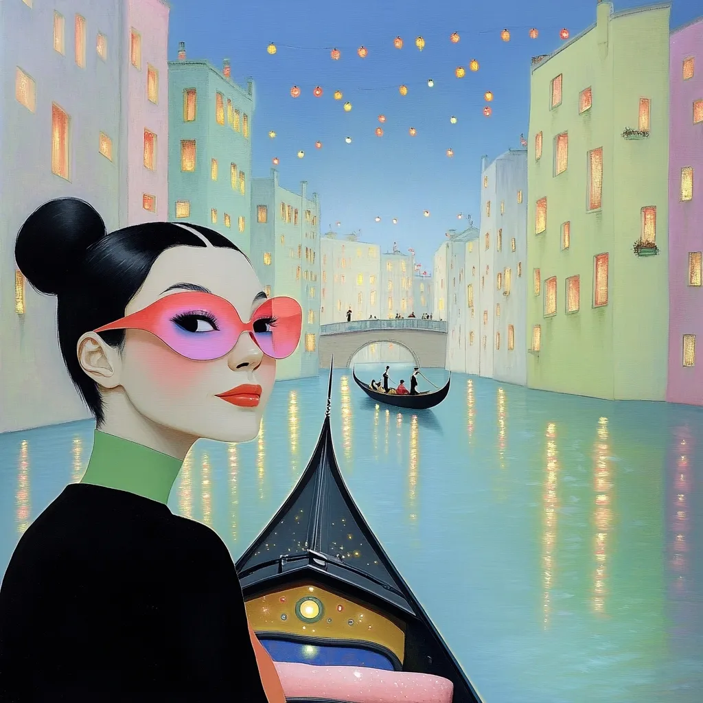 A stylish woman with pink sunglasses sits in a gondola on a Venetian canal at twilight.  Pastel-colored buildings line the waterway, their windows glowing warmly.  String lights twinkle overhead, creating a magical atmosphere.  Another gondola with passengers is visible in the distance, adding to the serene, romantic scene. The artwork is characterized by its smooth, painterly style and vibrant color palette.