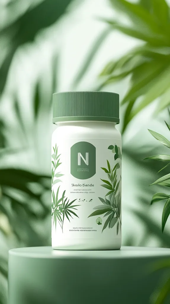 A bottle of Shalo Dande supplement sits on a pale green surface. The bottle is white with a sage green lid and features a stylized leaf design.  The label includes a minimalist "N" logo and product information. The background is blurred, showing lush green foliage, creating a serene, nature-inspired aesthetic.