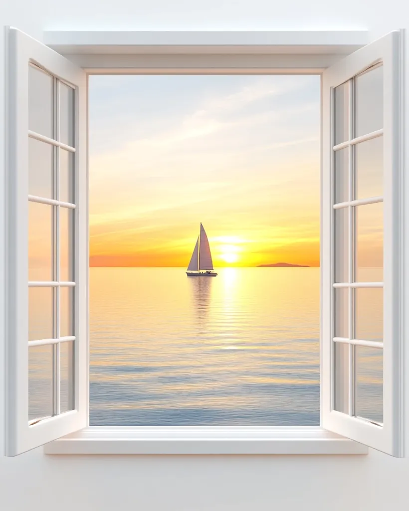 A white window is open, revealing a tranquil seascape at sunset.  A sailboat sails peacefully on the calm water, silhouetted against the warm, golden light. The scene is serene and idyllic, evoking feelings of peace and escape.  The window frame is crisp and clean, contrasting beautifully with the soft hues of the sunset.