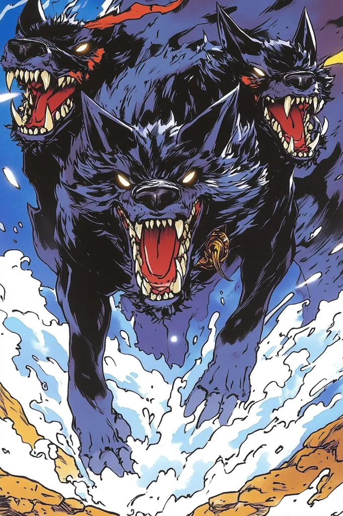 A fierce, three-headed Cerberus emerges from churning water.  Its dark blue fur is highlighted with glowing eyes, and each head bares its sharp teeth in a menacing snarl.  The creature is powerfully built, with muscular legs and a commanding presence. The style is dynamic and dramatic, emphasizing the mythological beast's savage nature. The background features stylized waves and rocky terrain.
