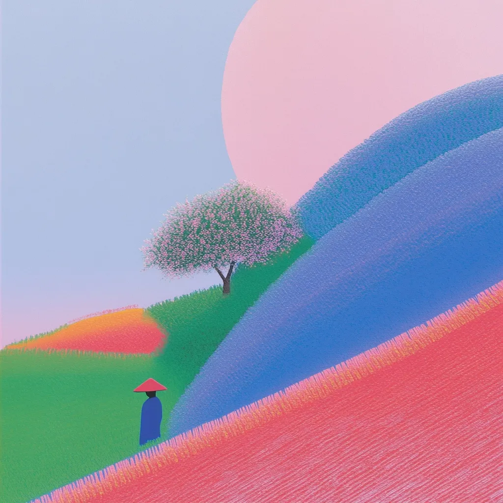 A stylized landscape painting depicts a lone figure in a conical hat walking across pastel-colored hills.  A flowering tree sits prominently on a green hill, while the rolling hills are painted in shades of pink, blue, and orange. A large, pale pink circle dominates the upper right corner, suggesting a setting sun or moon.  The overall style is serene and dreamlike.