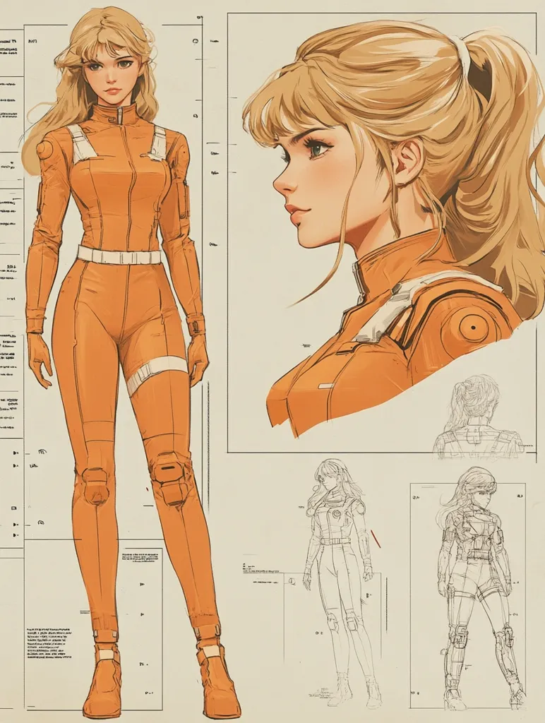 The image showcases concept art of a female character in an orange jumpsuit, possibly a pilot or astronaut.  Multiple views are presented, including a full-body illustration, a profile view, and additional sketches detailing the character's suit and posture.  The design incorporates technical specifications and measurements, suggesting a detailed design process for animation or game development.  The style is clean and modern, with a focus on character detail and functionality.