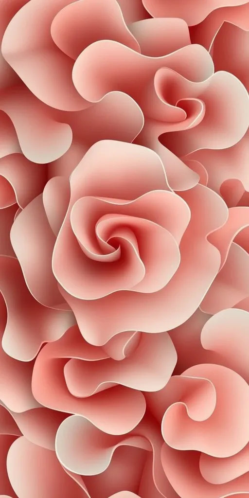 An image features a close-up view of abstract, coral-pink rose-like forms.  The shapes overlap and intertwine, creating a soft, textured effect. The color palette is consistently light and airy, with subtle variations in shading to suggest depth and dimension. The overall impression is one of delicate beauty and romantic femininity.