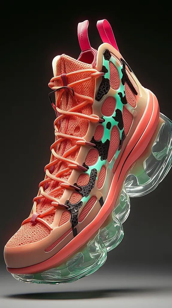 A high-top sneaker with a peach-colored upper features a unique design.  A translucent, multi-bubble sole provides cushioning and a striking contrast. The upper is patterned with a teal and black abstract design, creating a visually appealing and modern look.  The laces are a matching peach color, and pink accents add a pop of color to the pull tabs. The shoe appears lightweight and futuristic.