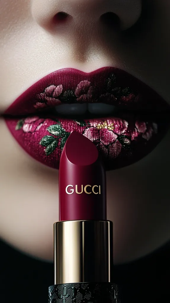 A close-up shot showcases a pair of lips adorned with a rich, dark burgundy lipstick.  The lipstick is intricately designed with a floral print, creating a luxurious and artistic effect.  A Gucci lipstick tube, matching the lip color, rests against the lower lip, emphasizing the brand and the product's elegant aesthetic. The image is dark and dramatic, highlighting the beauty of the lips and the lipstick.