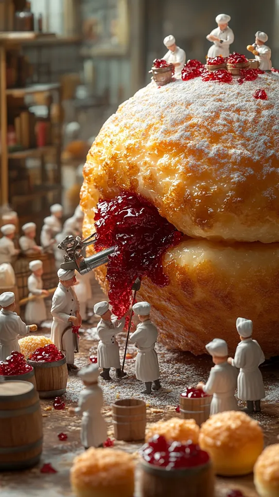 Miniature bakers meticulously fill a giant donut with a vibrant red jam filling.  Surrounding the colossal pastry, tiny chefs work diligently, transporting barrels of jam and carefully crafting smaller pastries. The scene is set in a quaint, aged bakery, creating a whimsical and detailed diorama.  Powdered sugar dusts the donut's surface, completing the image's delectable appeal.