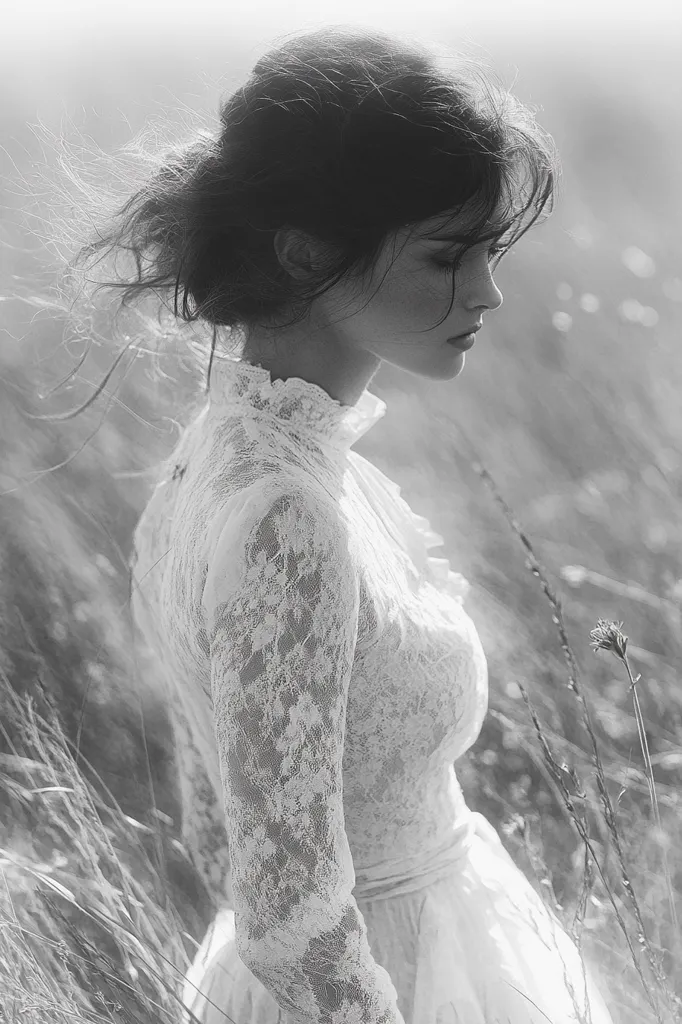 A black and white photograph depicts a woman in a long-sleeved, lace gown standing in a field of tall grass. Her hair is styled in a loose bun, and she is looking down with a melancholic expression. The image evokes a sense of wistful beauty and serenity, with the soft light enhancing the delicate texture of the dress and the windswept feel of the scene.  The overall mood is romantic and slightly melancholic.