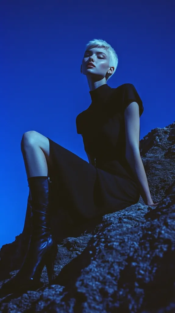 A fashion model with short blonde hair, wearing a black mini dress and high black boots, sits perched on a dark rocky outcrop against a vivid blue sky.  Her eyes are closed, suggesting serenity or contemplation. The image is dramatically lit, emphasizing the model's silhouette and the stark contrast between her attire and the landscape.  The overall mood is moody and stylish.