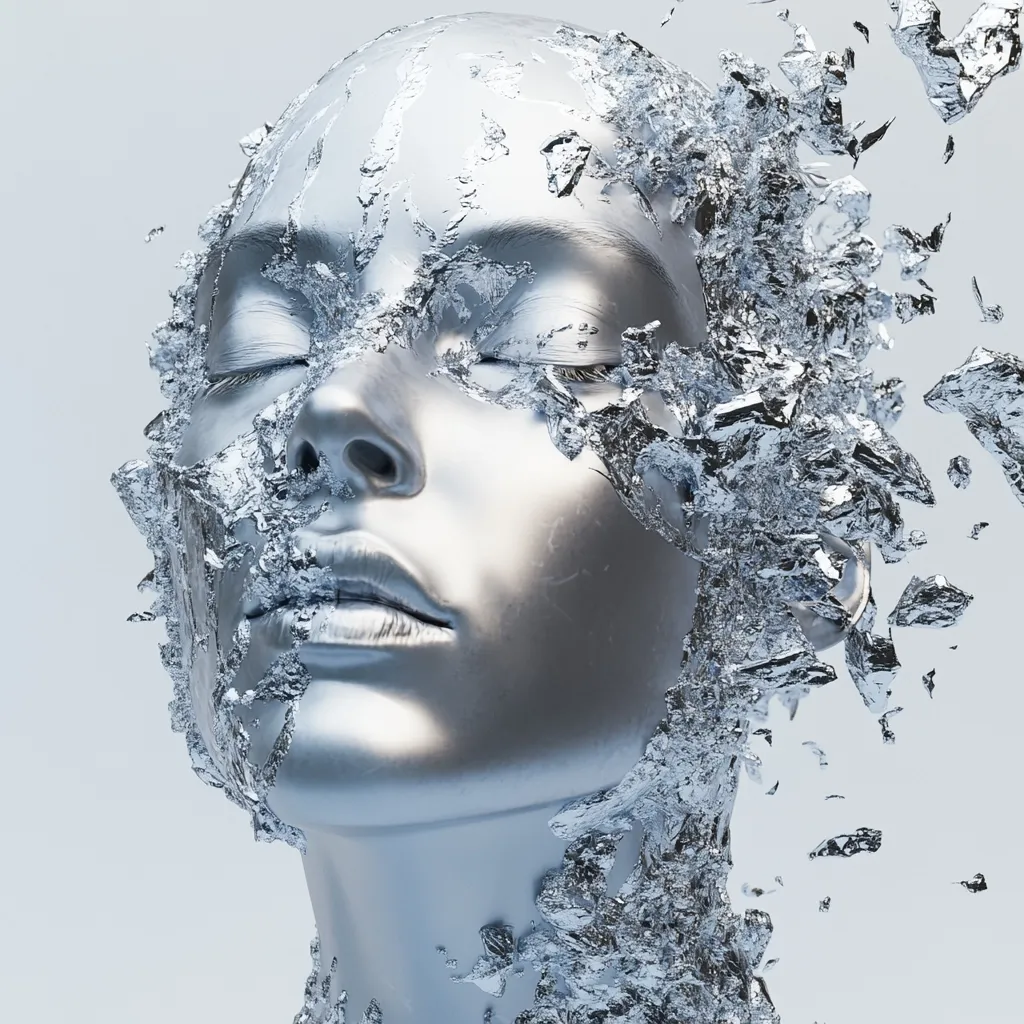 A 3D rendering depicts a serene, silver female face.  Her eyes are closed, and her expression is peaceful.  The face is partially disintegrating, with shards of silver material breaking away and scattering around her head and neck. The overall effect is one of both beauty and fragility, suggesting themes of decay or transformation. The background is a muted gray.