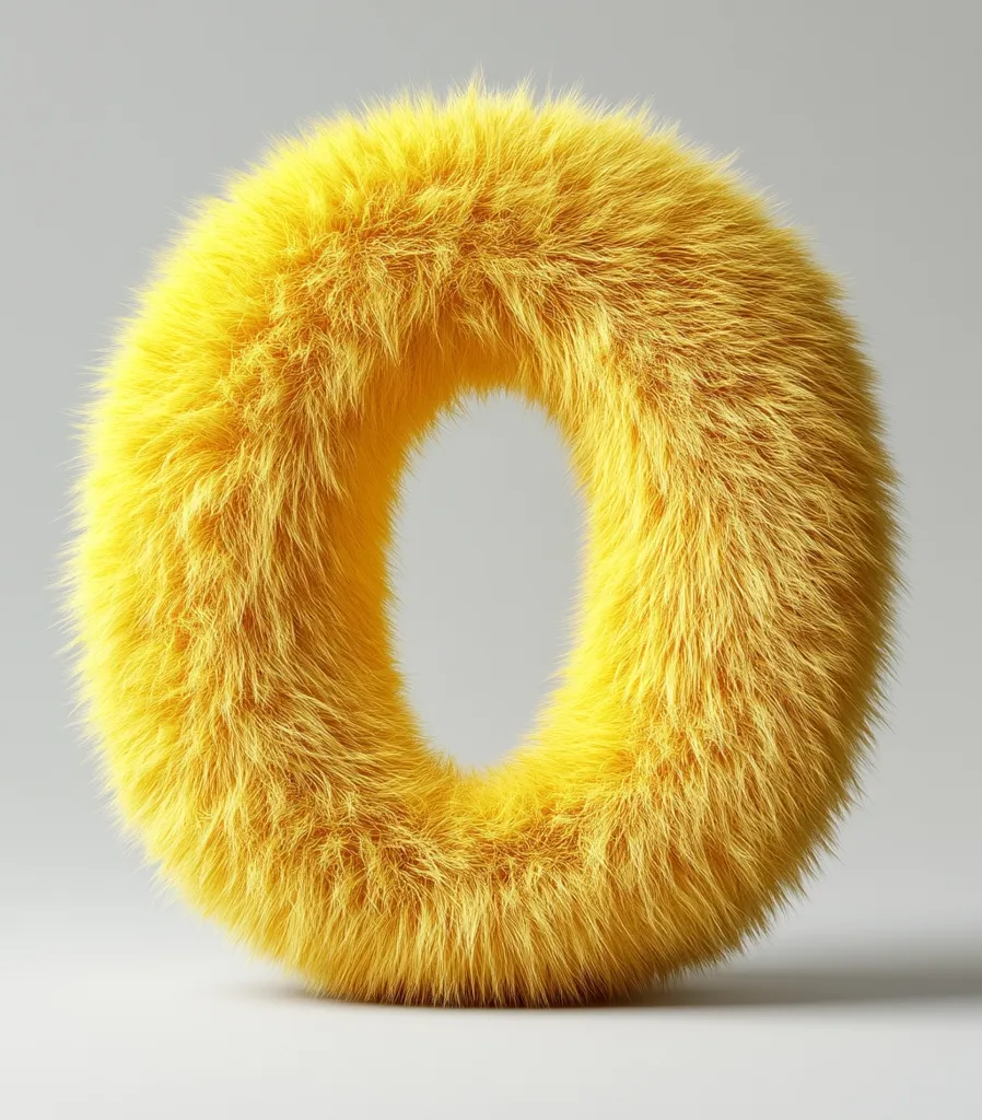 A fluffy, bright yellow letter "O" is presented against a muted gray backdrop.  The letter is rendered in a three-dimensional, high-resolution image, showcasing the texture of the soft, furry material. The vibrant color of the "O" contrasts sharply with the neutral background, making it the focal point of the image.  The realistic rendering makes the fur appear incredibly soft and inviting.
