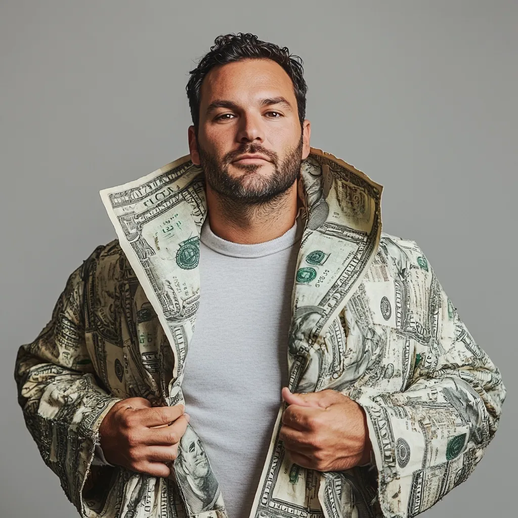 A man with short dark hair and a beard stands against a gray background. He's wearing a unique jacket entirely covered in images of US one hundred dollar bills.  He's holding the jacket open, revealing a simple gray shirt underneath. His expression is serious and direct, creating a striking visual contrast between his attire and his demeanor.