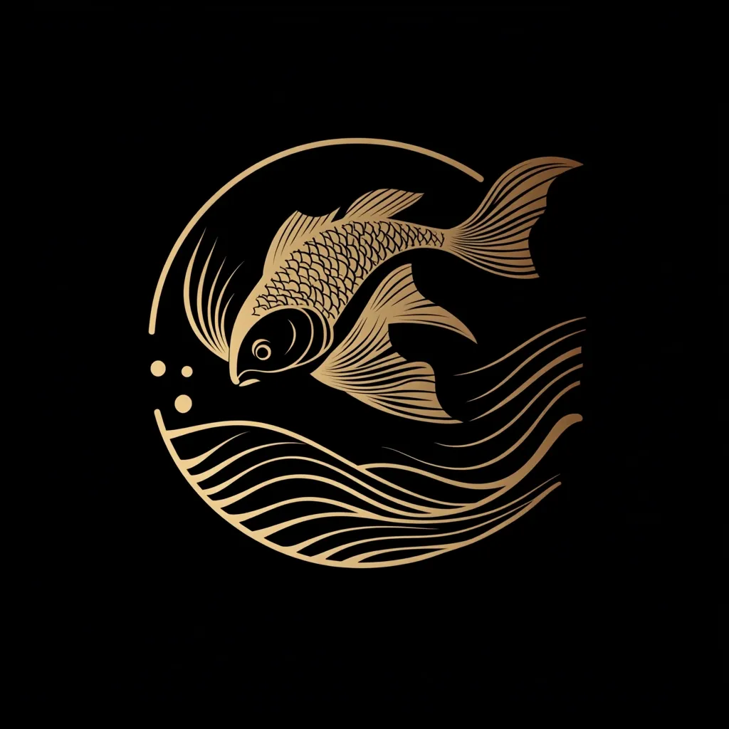 A gold koi fish, elegantly stylized, swims within a circular frame against a black background.  The fish is depicted in intricate detail, its scales and fins meticulously rendered.  Waves encircle the fish, adding a sense of movement and fluidity to the design.  Small bubbles add a touch of realism. The overall style suggests a logo or emblem, possibly for a business or brand.