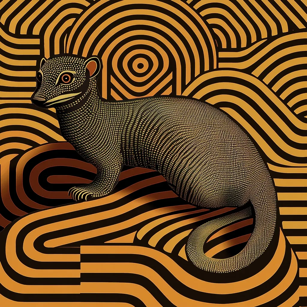 A stylized weasel-like creature, rendered in a pointillist style, is depicted against a backdrop of swirling, concentric orange and black stripes. The animal's body is detailed with small dots, creating a textured effect. The contrasting colors and patterns create a visually striking image, suggesting a blend of art deco and modern design aesthetics.  The overall composition is bold and graphic.