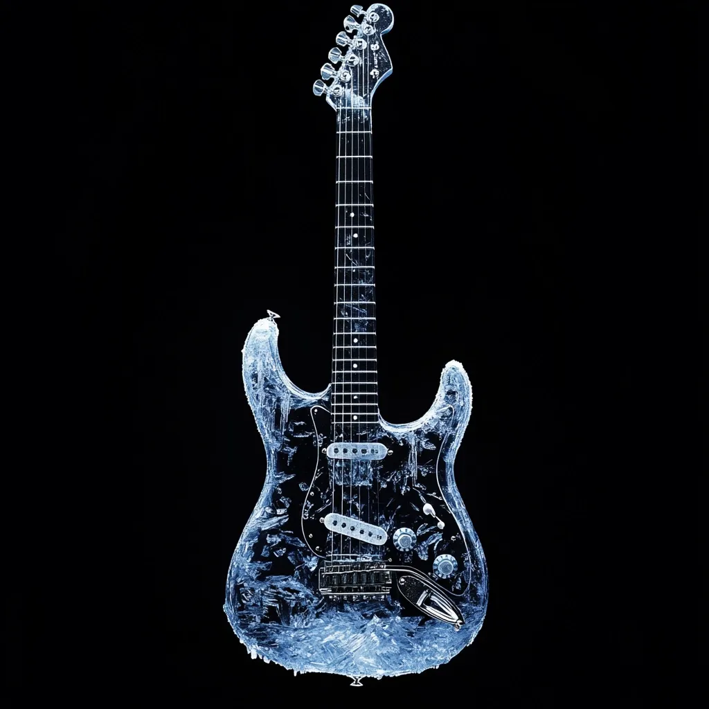 A striking image showcases an electric guitar seemingly frozen in a block of ice.  The ice encases the guitar's body and headstock, creating a visually arresting contrast between the cold, crystalline texture and the sleek, dark instrument.  The guitar's details remain visible through the ice, maintaining its form while adding a surreal, frozen quality. The black background emphasizes the icy blue hues of the guitar.