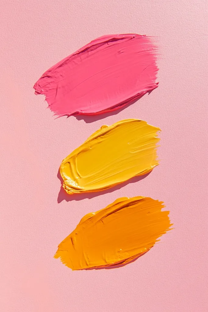 Three vibrant paint strokes are arranged vertically against a soft pink background.  The top stroke is a bold pink, followed by a sunny yellow, and finally a rich orange at the bottom.  The paint is thick and textured, showing brushstrokes, creating a visually appealing and summery color gradient. The image is simple yet striking, highlighting the beauty of contrasting colors.