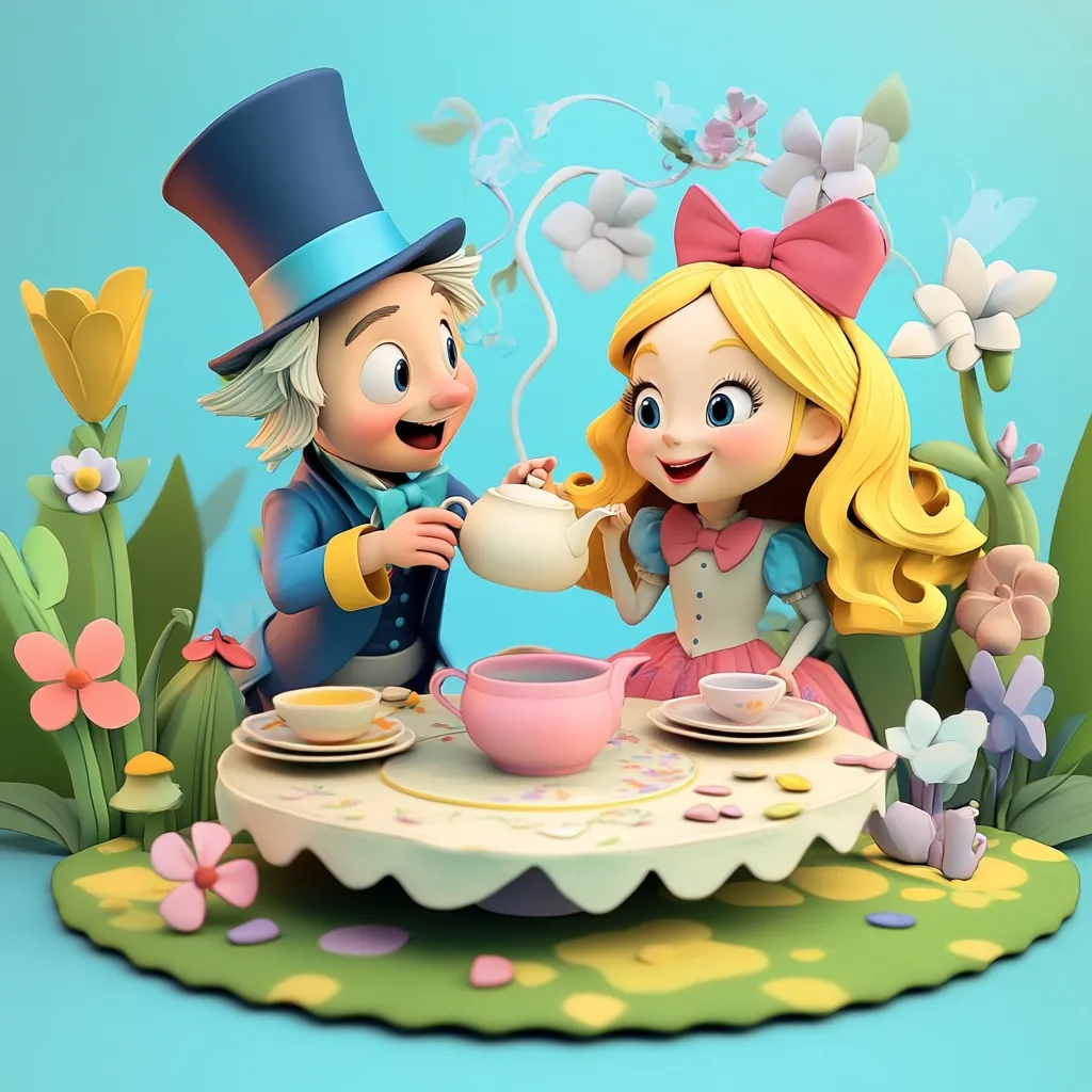 A charming 3D rendering depicts Alice and the Mad Hatter enjoying a whimsical tea party.  Alice, in her iconic dress, and the Hatter, in his tall hat, sit at a round table adorned with pastel-colored flowers and sweets.  A teapot and teacups complete the scene, set against a vibrant blue background. The style is playful and cartoonish, capturing the spirit of Alice in Wonderland.