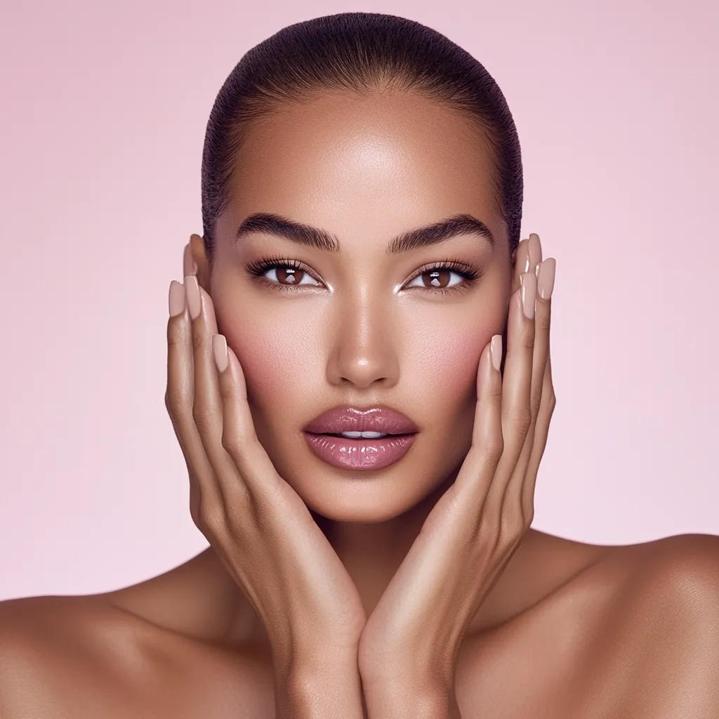 Close-up portrait of a woman with tan skin, dark eyes, and dark hair pulled back.  Her hands gently caress her cheeks, emphasizing her flawless complexion and subtly applied makeup.  She's looking directly at the camera with a serene expression. The background is a soft, pale pink. The overall image conveys beauty and confidence.