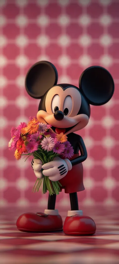 A charming 3D rendering depicts Mickey Mouse holding a vibrant bouquet of colorful flowers.  He's dressed in his iconic red shorts and shoes, standing against a soft pink geometric backdrop.  The image exudes warmth and sweetness, highlighting Mickey's endearing character in a playful and stylish presentation.