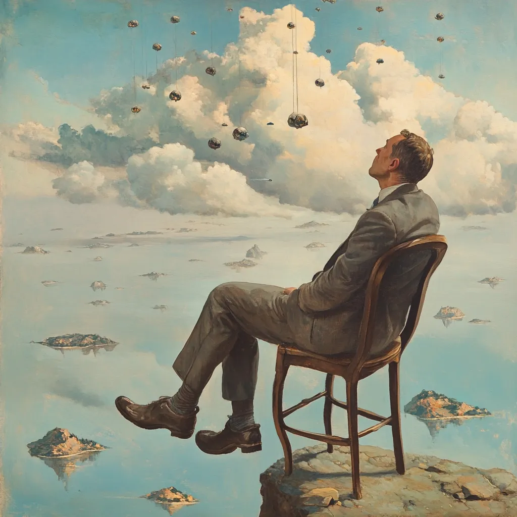 A man in a suit sits on a chair perched on a cliff overlooking a vast expanse of water dotted with numerous small islands.  Above him, numerous dark, spherical objects hang suspended from the clouds by thin strings, creating a surreal and contemplative atmosphere. The sky is a hazy blend of blue and white, reflecting the tranquil yet enigmatic scene below.