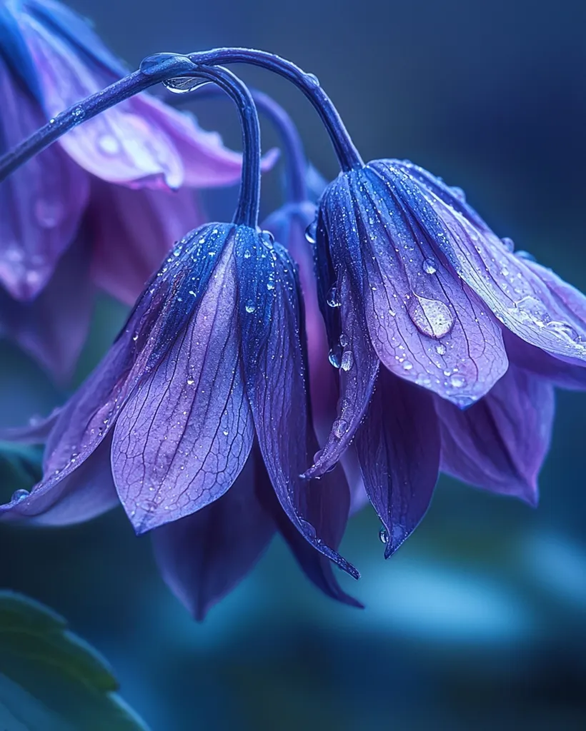 Close-up of delicate, bell-shaped purple flowers glistening with morning dew.  The vibrant blue-purple hues are intensified by the water droplets clinging to the petals. The soft focus and dark background highlight the flowers' intricate details and ethereal beauty. The image evokes a sense of tranquility and natural elegance.
