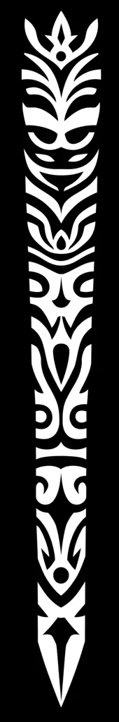 The image shows a vertical, stylized design in black and white.  It features a repeating pattern of geometric shapes and curves, reminiscent of tribal art or a totem pole. The design is symmetrical, with a pointed bottom and a crown-like top.  The overall effect is sharp, angular, and visually striking.
