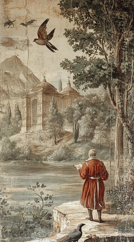A serene landscape painting depicts a man in a long red robe reading a book by a calm body of water.  In the background, a classical-style building sits atop a hill, surrounded by lush greenery and tall trees.  Birds fly overhead, adding to the peaceful atmosphere. The overall style is reminiscent of 18th-century landscape art, with muted tones and meticulous detail.