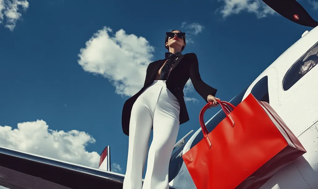 A stylish woman in white pants and a black blazer stands in front of a private jet, clutching a large, vibrant red tote bag.  She wears sunglasses and a patterned neck scarf, exuding confidence and sophistication. The clear blue sky with fluffy white clouds forms a dramatic backdrop to this image of luxury and travel.
