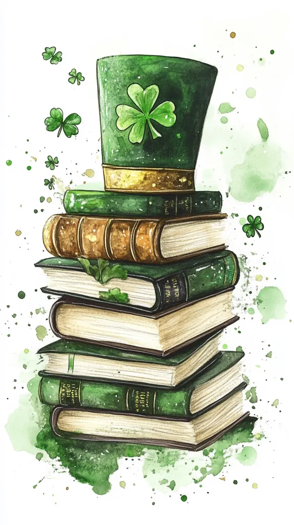 A watercolor painting depicts a stack of books adorned with a green leprechaun hat.  The books are predominantly green and brown, suggesting age and perhaps a literary theme.  Scattered shamrocks and watercolor splatters add to the St. Patrick's Day aesthetic. The overall style is whimsical and charming.
