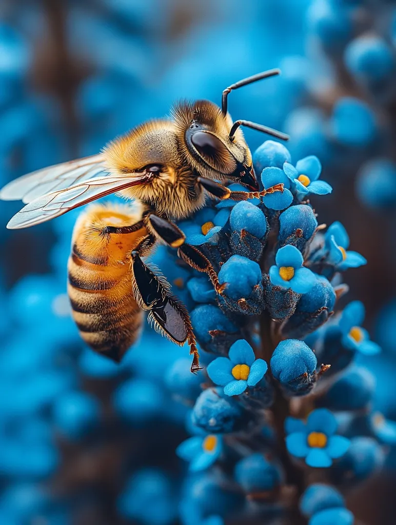 A honeybee, sharply in focus, clings to a vibrant cluster of bright blue flowers.  Its fuzzy body and delicate wings are clearly visible. The background is a soft blur of more blue blossoms, creating a striking contrast and emphasizing the bee's detail. The image showcases the intricate beauty of nature's pollination process.
