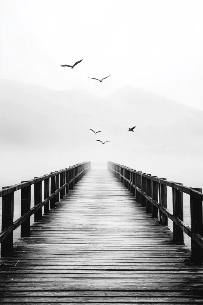 A long wooden pier stretches into a misty, monochrome landscape.  Four birds fly overhead, silhouetted against the pale sky. The scene is serene and peaceful, evoking a sense of solitude and mystery.  The fog obscures the far end of the pier, leading the eye towards a vanishing point in the distance. The overall mood is calm and contemplative.