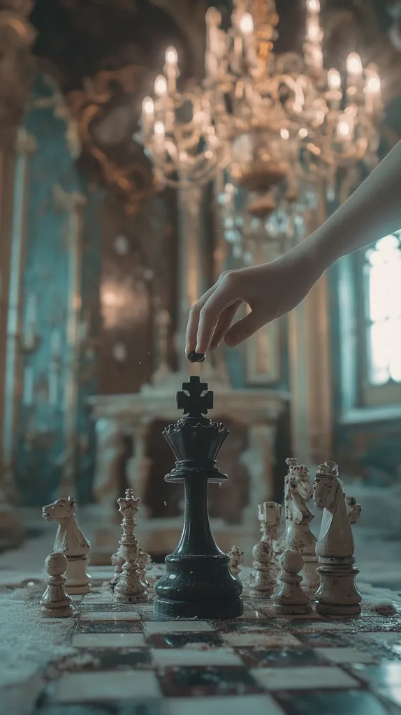 A hand delicately places a black chess piece atop the king in a grand, dimly lit hall.  Dust motes dance in the air, illuminating the ornate chandeliers and aged architecture.  The chessboard, weathered and worn, sits amidst the decaying grandeur, suggesting a game of strategy played in a forgotten place.  The scene evokes a sense of mystery and timeless conflict.