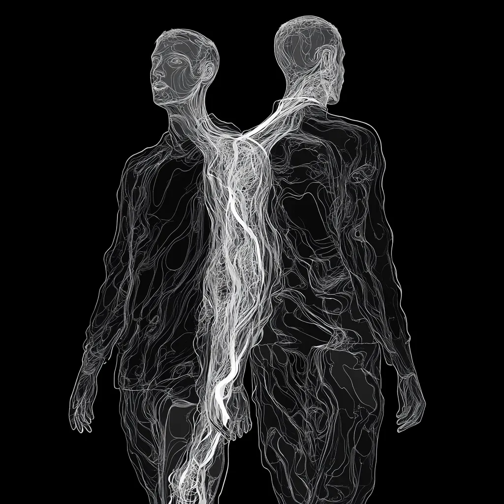 A digital artwork depicts two figures, seemingly conjoined, rendered in white lines against a black background.  Their forms are intertwined, resembling flowing fabric or interconnected veins, creating a sense of both unity and separation. The figures are humanoid in shape, with discernible heads and limbs, but their ethereal quality suggests an otherworldly or abstract representation.  The central, bright white lines further emphasize the connection between the two.