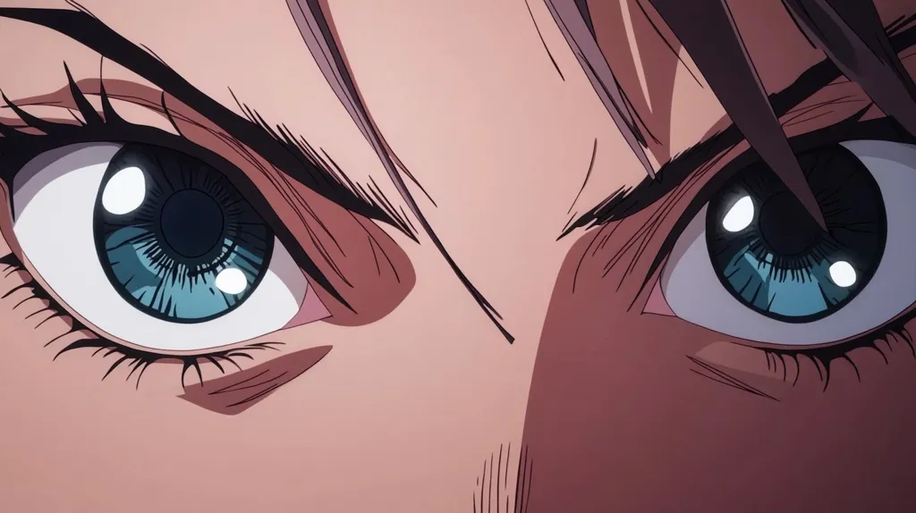 Close-up of a stylized anime character's eyes, intensely focused with a determined expression.  The eyes are a striking teal blue, accentuated by dark lashes and brows.  The character's skin is a warm peach tone, highlighting the intensity of their gaze. The overall style is sharp and dramatic, hinting at a moment of high tension or conflict.