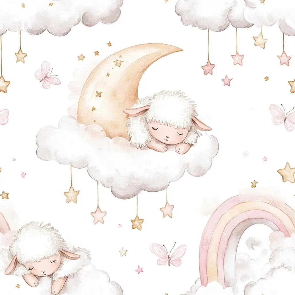 A watercolor seamless pattern features adorable sleeping lambs nestled on fluffy clouds cradled by a crescent moon.  Delicate pink butterflies and gold stars dangle from the clouds, adding to the dreamy, pastel aesthetic.  A rainbow peeks from below, completing the whimsical, nursery-themed design.  The overall style is soft, gentle, and perfect for children's textiles or decor.