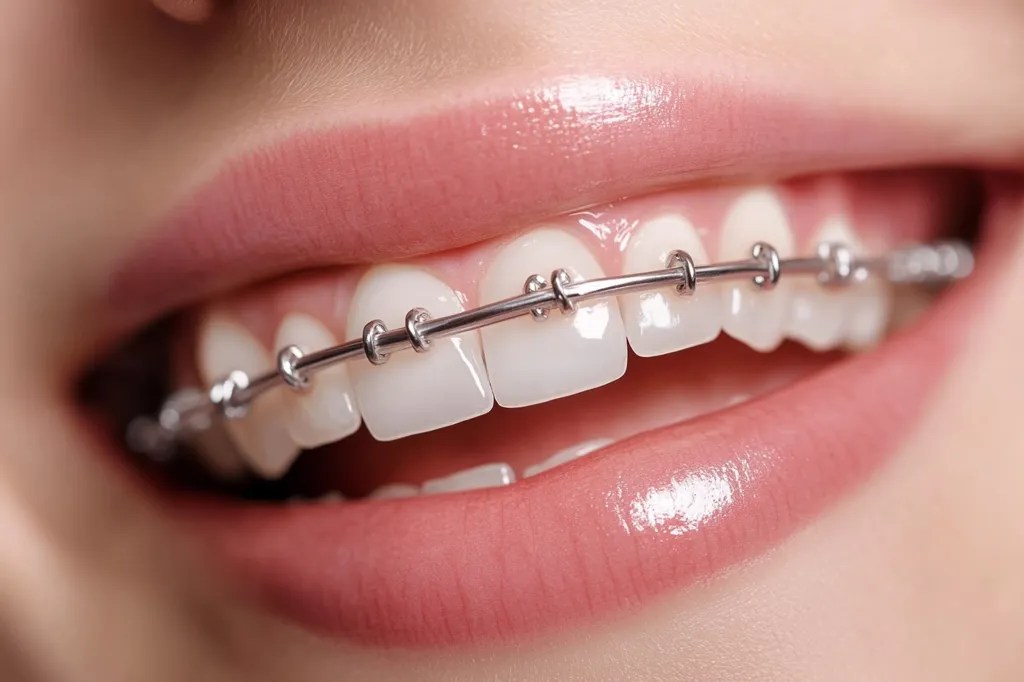 Close-up of a person's smile, showcasing a set of gleaming white teeth adorned with a discreet, silver lingual brace.  The pink lips are full and glossy, enhancing the overall aesthetic appeal. The image highlights the precision and subtle nature of the orthodontic appliance.  The focus is sharp, drawing attention to the healthy and well-maintained teeth.