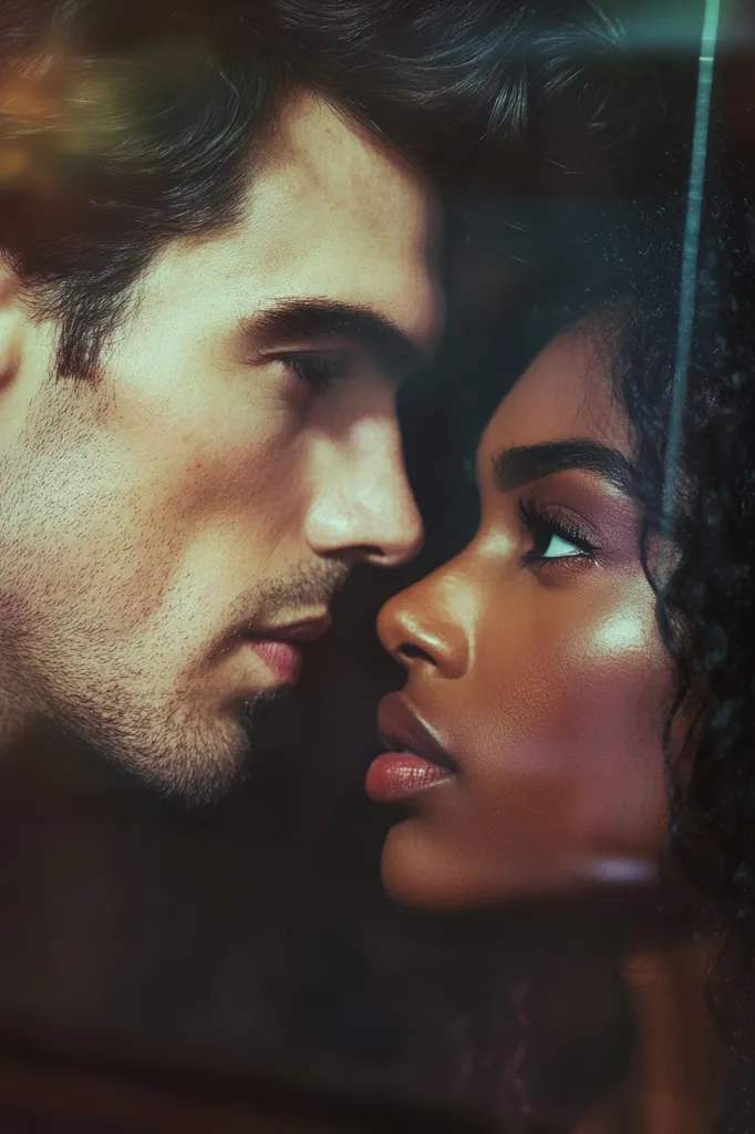 A close-up shot captures a tender moment between a man and a woman, their faces inches apart.  The man, with dark hair and stubble, gazes intently at the woman, whose dark, curly hair frames her face.  Their skin tones contrast beautifully, emphasizing their intimacy.  The dark background and soft lighting create a romantic and sensual atmosphere. The image hints at a deep connection and unspoken emotions.